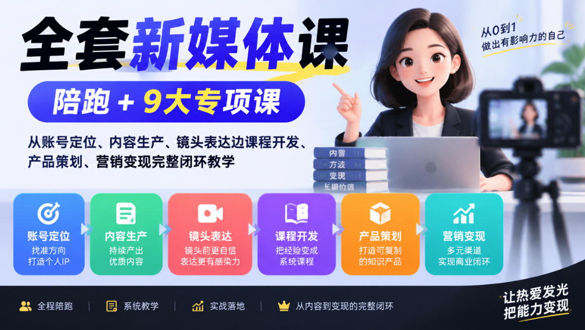 全套新媒体课｜陪跑+9大专项课，从账号定位、内容生产、镜头表达到课程开发、产品策划、营销变现完整闭环教学-shxbox省心宝盒