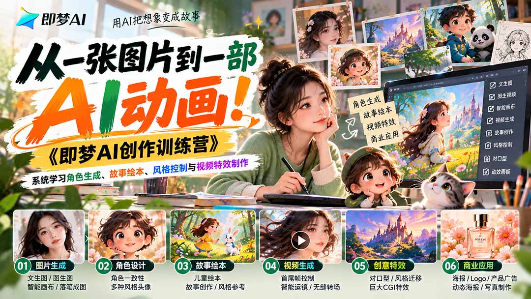 【无水印】从一张图片到一部AI动画！《即梦AI创作训练营》系统学习角色生成、故事绘本、风格控制与视频特效制作-shxbox省心宝盒