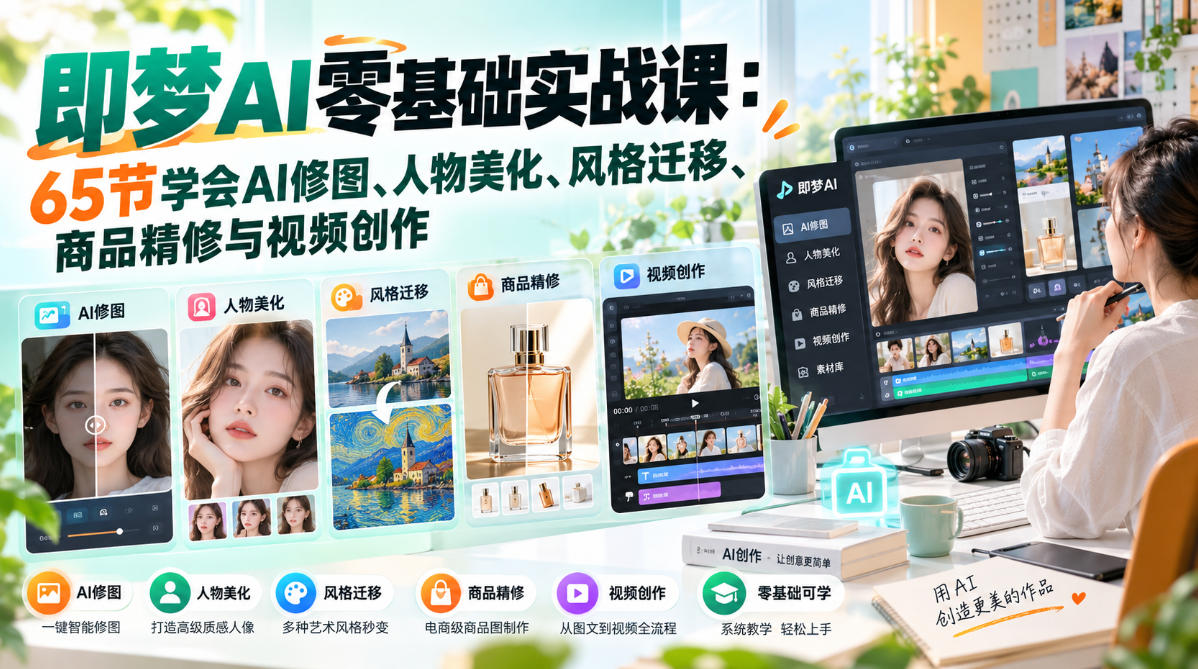 即梦AI零基础实战课：65节学会AI修图、人物美化、风格迁移、商品精修与视频创作-shxbox省心宝盒