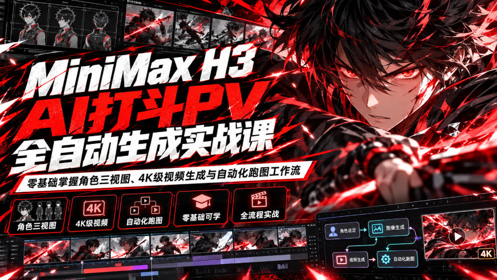 MiniMax H3 AI打斗PV全自动生成实战课：零基础掌握角色三视图、4K级视频生成与自动化跑图工作流-shxbox省心宝盒