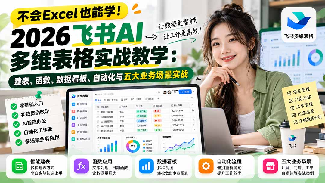 不会Excel也能学！2026飞书AI多维表格实战教学：建表、函数、数据看板、自动化与五大业务场景实战-shxbox省心宝盒