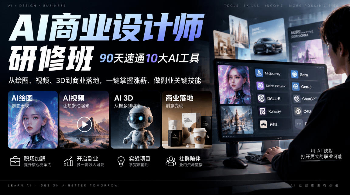 AI商业设计师研修班，90天速通10大AI工具，从绘图、视频、3D到商业落地，一键掌握涨薪、做副业关键技能-shxbox省心宝盒