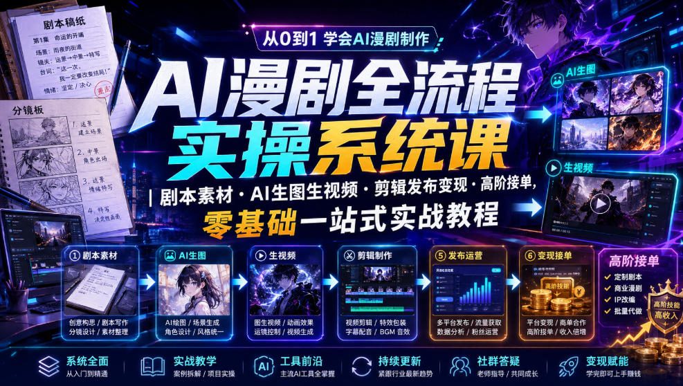 AI漫剧全流程实操系统课｜剧本素材・AI生图生视频・剪辑发布变现・高阶接单，零基础一站式实战教程(更新1027)-shxbox省心宝盒