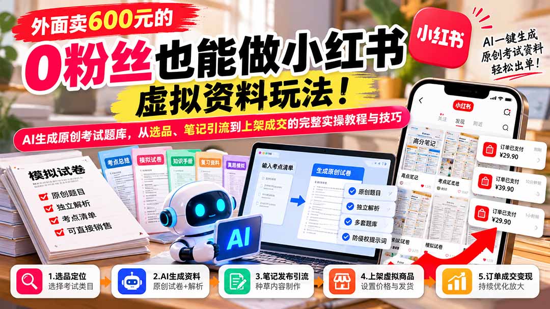 外面卖600元的 零粉丝也能做小红书虚拟资料玩法！AI生成原创考试题库，从选品、笔记引流到上架成交的完整实操教程-shxbox省心宝盒
