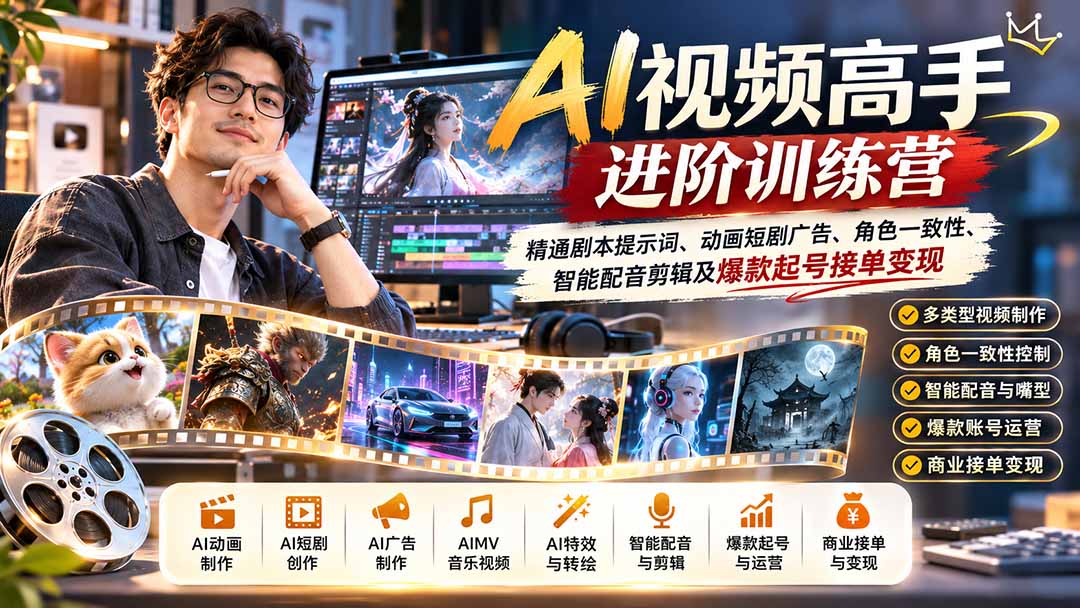 AI视频高手进阶训练营：精通剧本提示词、动画短剧广告、角色一致性、智能配音剪辑及爆款起号接单变现-shxbox省心宝盒
