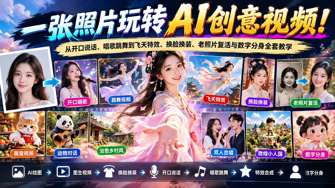 一张照片玩转AI创意视频！从开口说话、唱歌跳舞到飞天特效、换脸换装、老照片复活与数字分身全套教学-shxbox省心宝盒