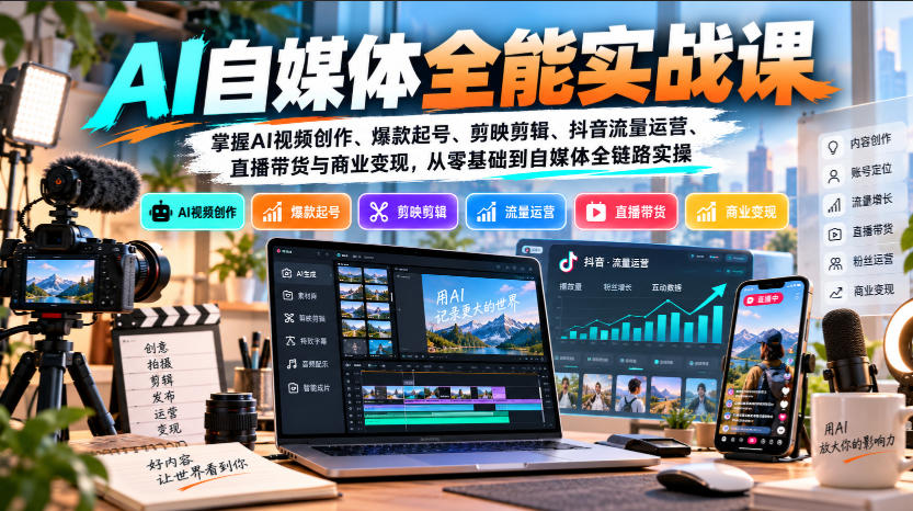 【无水印】AI自媒体全能实战课，掌握AI视频创作、爆款起号、剪映剪辑、抖音流量运营、直播带货与商业变现，从零基础到自媒体全链路实操-shxbox省心宝盒