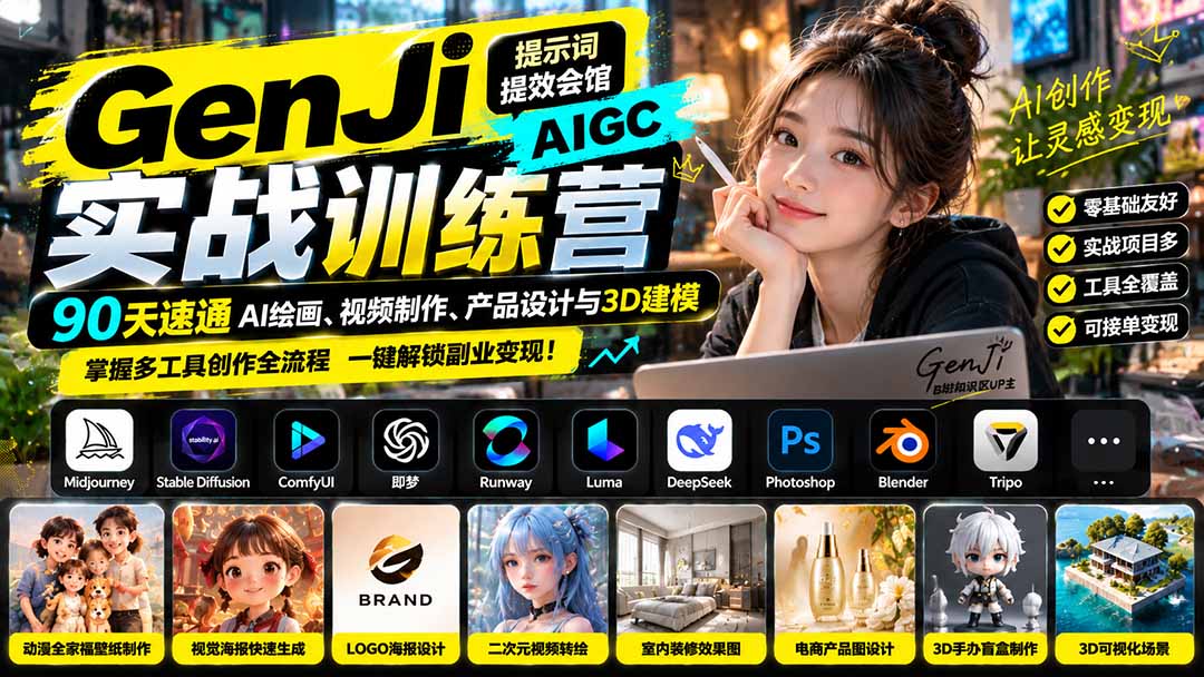 GenJi AIGC实战训练营：90天速通AI绘画、视频制作、产品设计与3D建模，掌握多工具创作全流程-shxbox省心宝盒