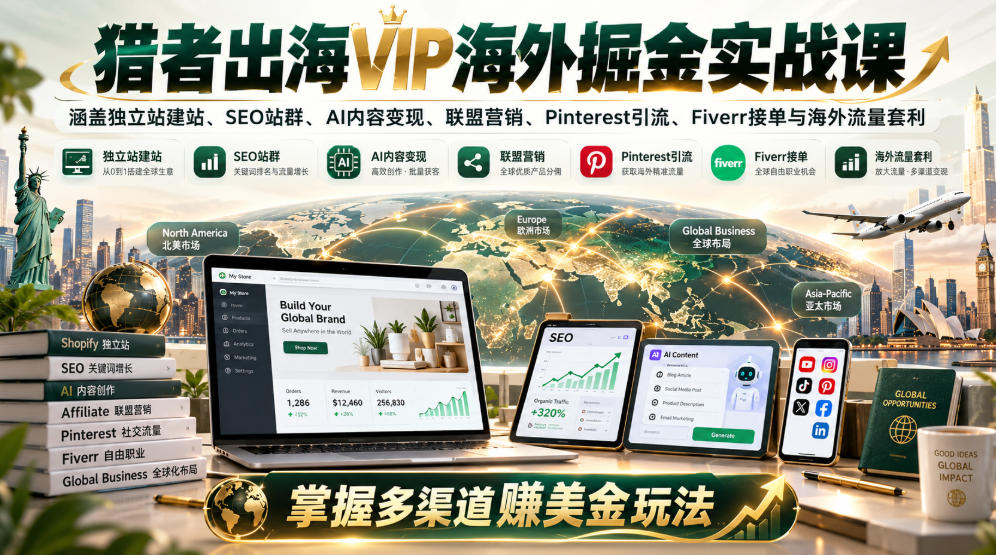 猎者出海VIP海外掘金实战课：涵盖独立站、SEO站群、AI变现、联盟营销、Pinterest引流、Fiverr接单与海外流量套利，掌握多渠道賺美金玩法-shxbox省心宝盒