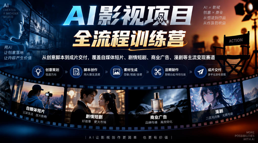 AI影视项目全流程训练营，从创意脚本到成片交付，覆盖自媒体短片、剧情短剧、商业广告、漫剧等主流变现赛道-shxbox省心宝盒