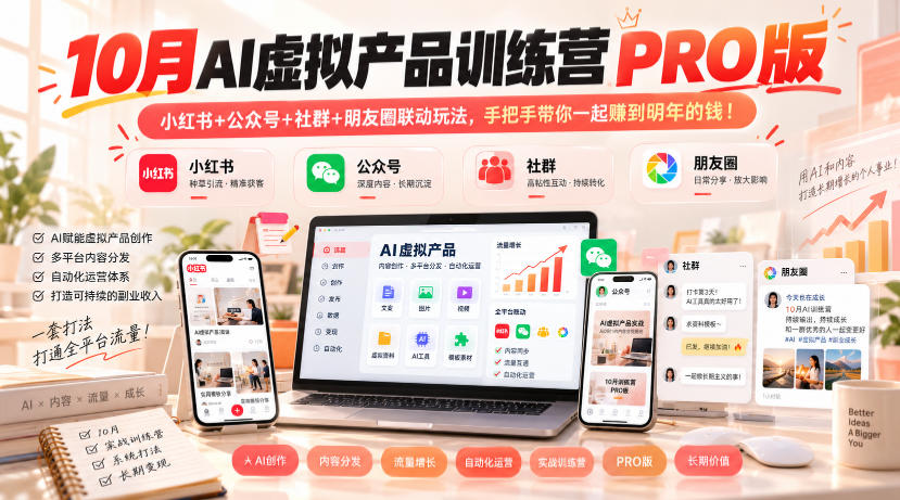 10月AI虚拟产品训练营PRO版,小红书+公众号+社群+朋友圈联动玩法,手把手带你一起赚到明年的钱!(更新1029)