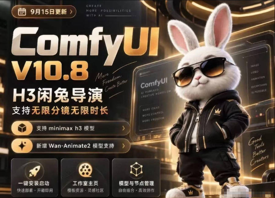 ComfyUI V10.8中文整合包，H3闲兔导演，支持无限分镜无限时长，1000+工作流，动作迁移，角色替换，视频一致性，口型同步，低显存可用-shxbox省心宝盒
