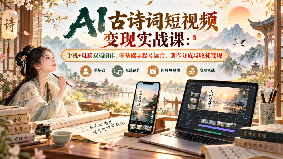 AI古诗词短视频变现实战课：手机+电脑双端制作，零基础学起号运营、创作分成与收徒变现-shxbox省心宝盒