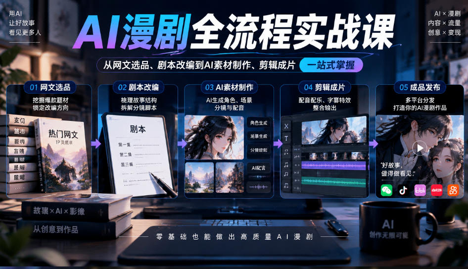 AI漫剧全流程实战课，覆盖从网文选品、剧本改编到AI素材制作、剪辑成片的完整链路-shxbox省心宝盒