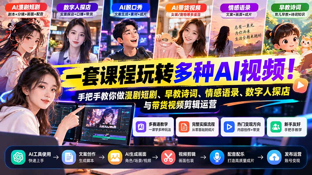 【无水印】一套课程玩转多种AI视频！手把手教你做漫剧短剧、早教诗词、情感语录、数字人探店与带货视频剪辑运营-shxbox省心宝盒