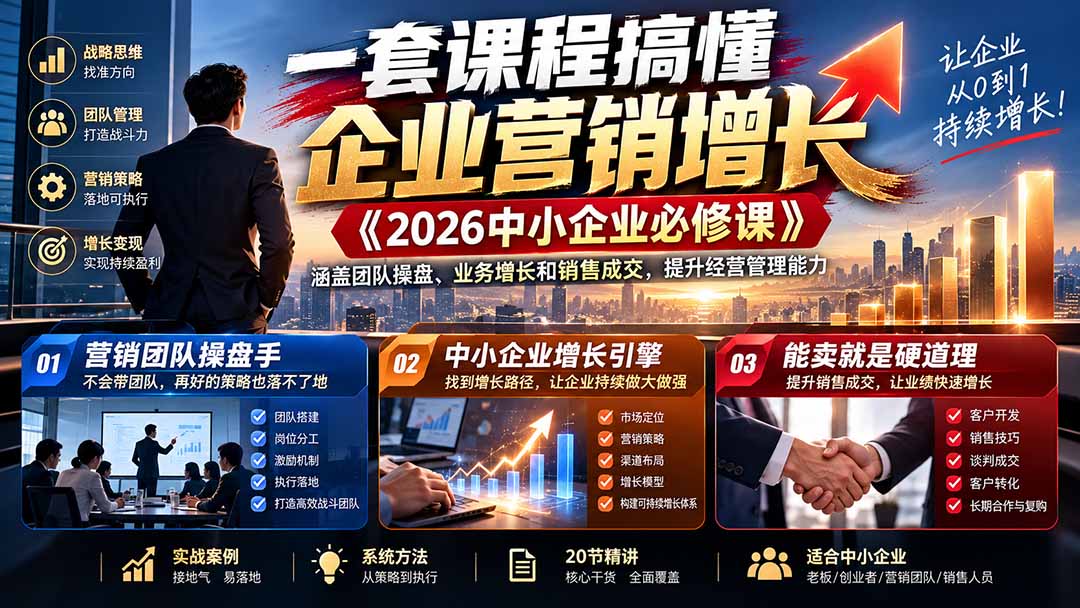 一套课程搞懂企业营销增长《2026中小企业必修课》涵盖团队操盘、业务增长和销售成交，提升经营管理能力-shxbox省心宝盒