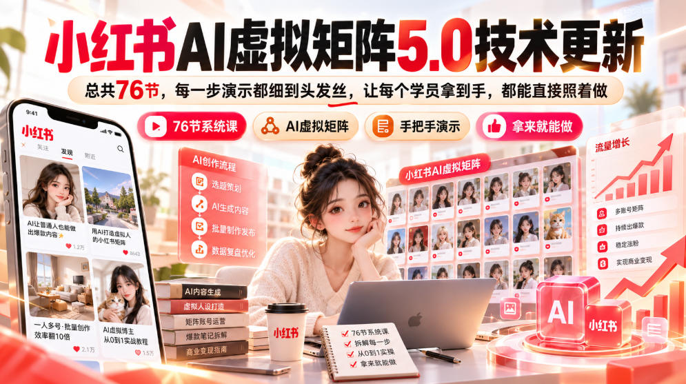 小红书AI虚拟矩阵5.0技术更新，总共76节，每一步演示都细到头发丝，让每个学员拿到手，都能直接照着做-shxbox省心宝盒