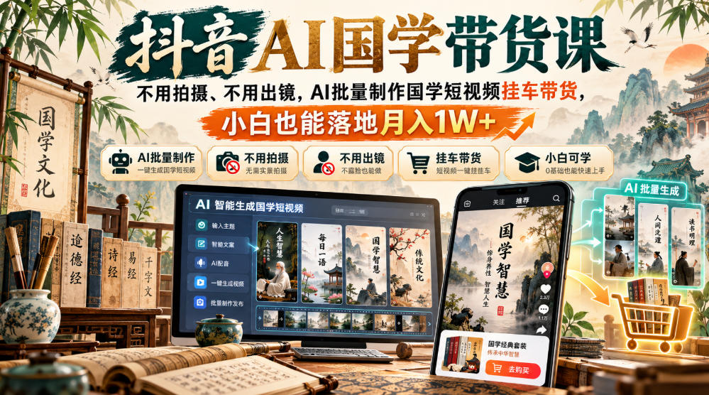 抖音AI国学带货课,不用拍摄、不用出镜,AI批量制作国学短视频挂车带货,小白也能落地月入1W+