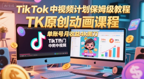 TikTok中视频计划保姆级教程，TK原创动画课程，单账号月收益4k美刀-shxbox省心宝盒
