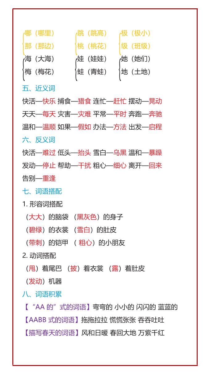【2025秋新版】二年级语文上册必考1-4单元期中考点归纳-shxbox省心宝盒