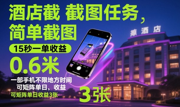 酒店截图任务，简单截图，15秒一单收益0.6米，一部手机不限地方时间，可矩阵单日收益3张【揭秘】-shxbox省心宝盒