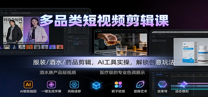 多品类短视频剪辑课：服装/酒水/药品剪辑，AI工具实操，解锁创意玩法-shxbox省心宝盒