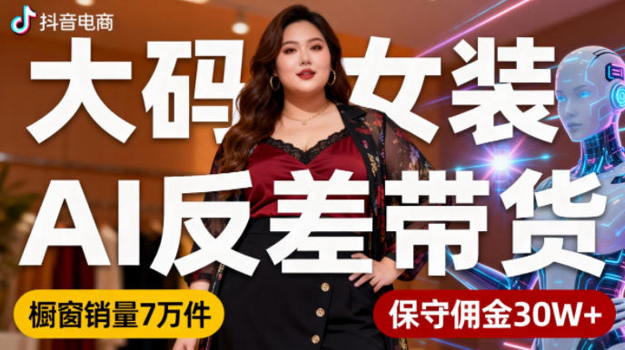 抖音小众赛道，大码女装AI反差带货，不用直播，每天6条作品，橱窗卖7万件，保守佣金30W+-shxbox省心宝盒