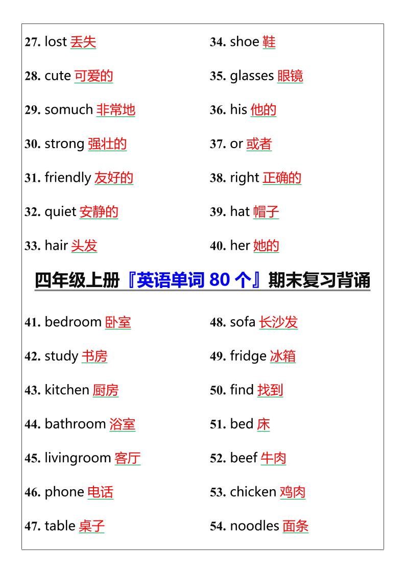 【2025秋新版】四年级上册『英语单词80个』期末复习背诵-shxbox省心宝盒