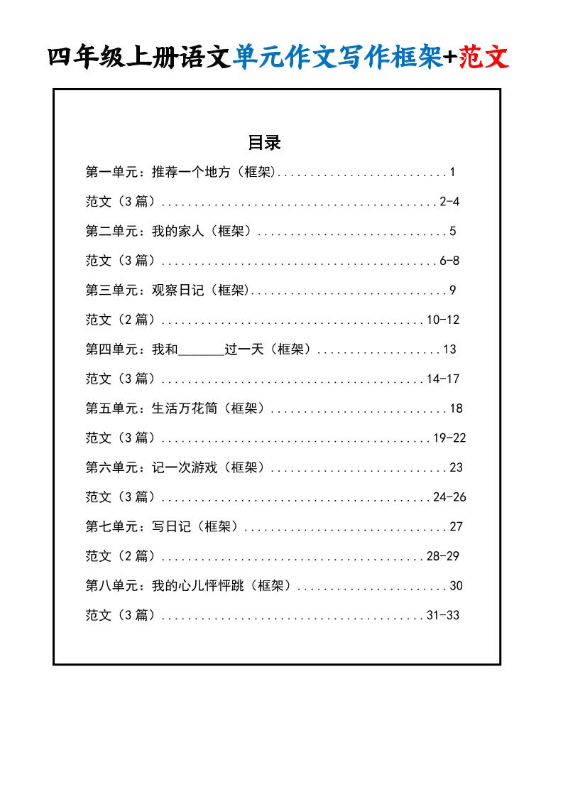 四上语文1-8单元作文写作框架+范文34页-shxbox省心宝盒