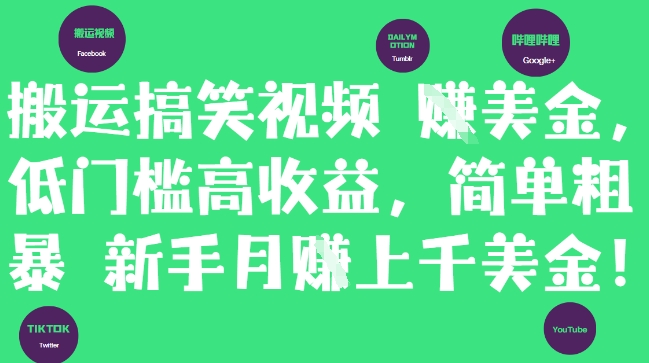搬运搞笑视频挣美金，低门槛高收益，简单粗暴新手月入上千美刀-shxbox省心宝盒