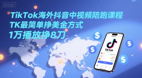 TikTok海外抖音中视频陪跑课程，TK最简单挣美金方式，1万播放挣8刀-shxbox省心宝盒