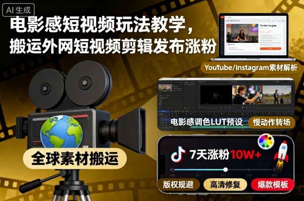 电影感短视频玩法教学，搬运外网短视频剪辑发布涨粉-shxbox省心宝盒