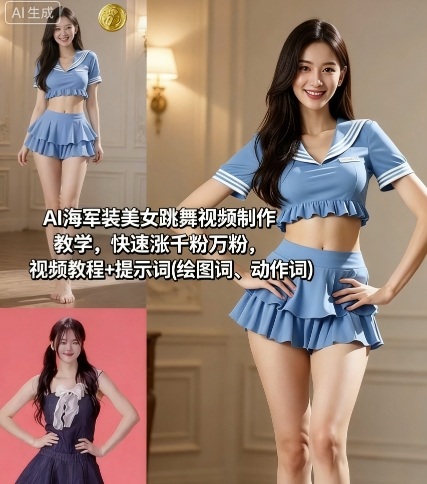 AI海军装美女跳舞视频制作教学，快速涨千粉万粉，视频教程+提示词(绘图词、动作词)-shxbox省心宝盒