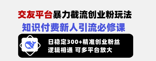 交友平台暴力截流创业粉玩法，知识付费新人引流必修课，日稳定300+精准创业粉丝，逻辑相通可多平台放大-shxbox省心宝盒