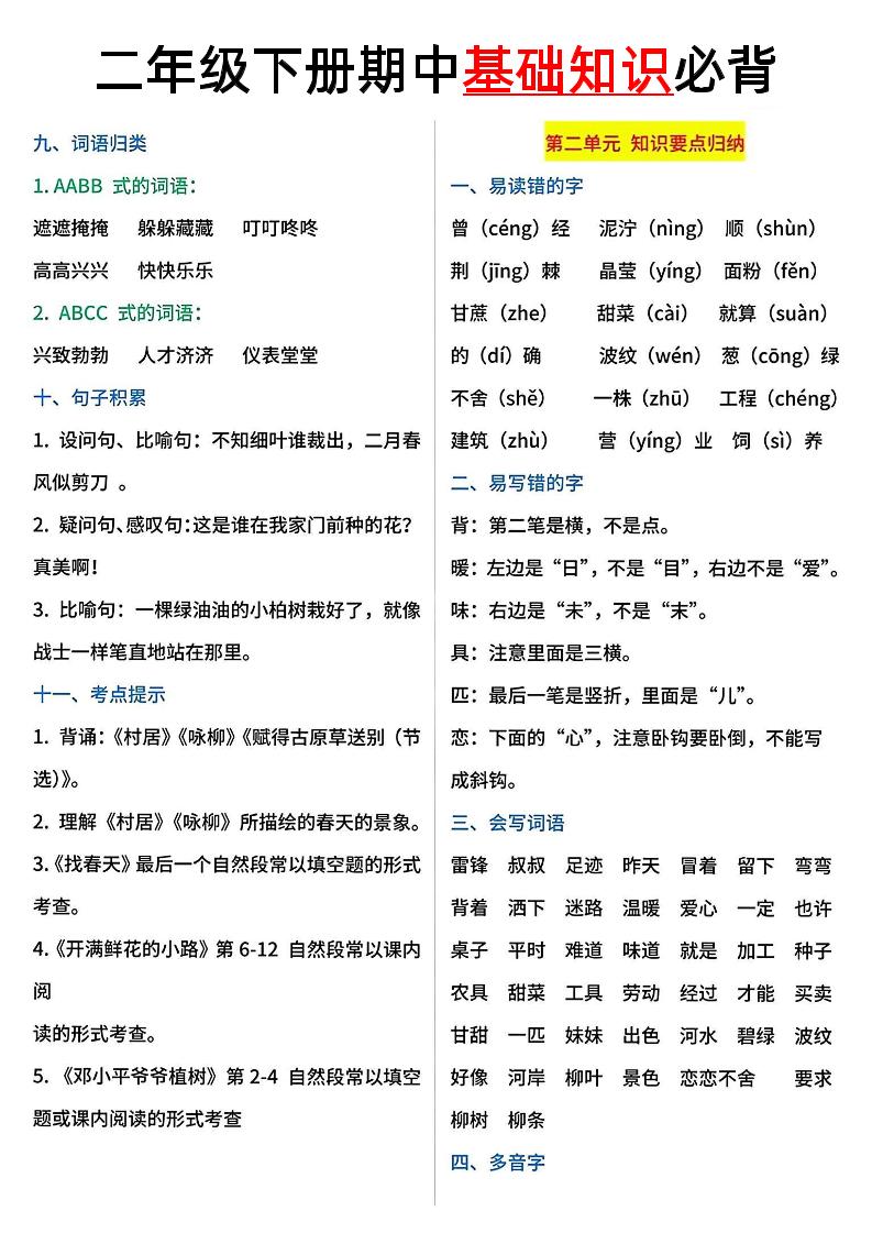 二年级语文下册期中基础知识必背5页-shxbox省心宝盒