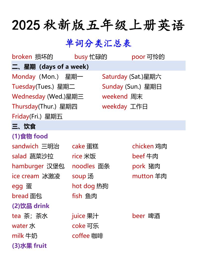 【2025秋新版】五年级上册英语单词分类汇总表-shxbox省心宝盒