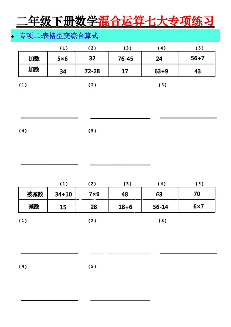 二年级下册数学混合运算七大专项练习-shxbox省心宝盒