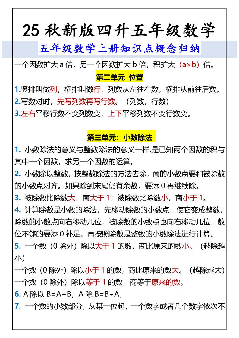 【2025秋新版】五年级数学上册知识点概念归纳-shxbox省心宝盒