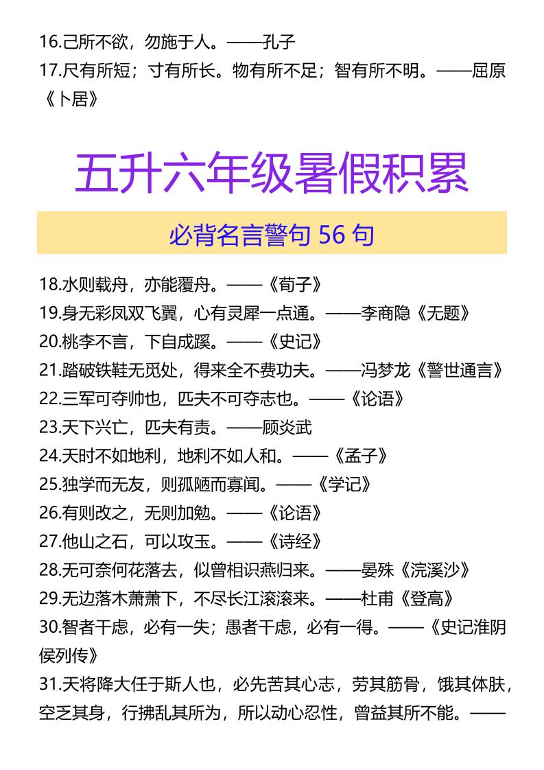【2025秋新版】五升六年级暑假积累必背名言警句56句-六上语文-shxbox省心宝盒
