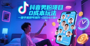 抖音男粉项目0成本玩法，一部手机即可操作，日均4张+，时间自由-shxbox省心宝盒