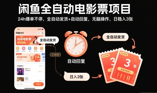 闲鱼全自动电影票项目，24h爆单不停，全自动发货+自动回复，无脑操作，日稳入3张【揭秘】-shxbox省心宝盒