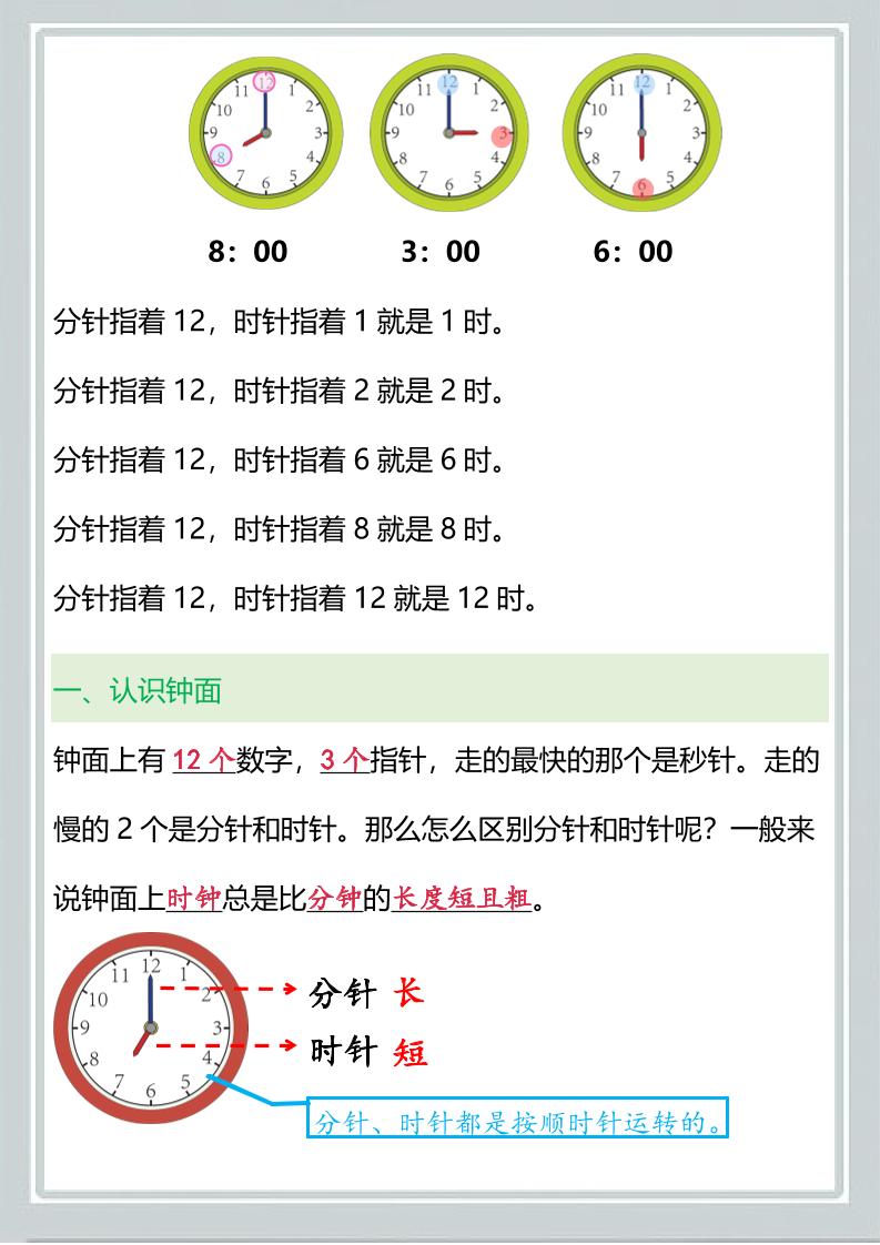 【2025秋新版】一年级上册数学『认识钟表』知识点梳理-shxbox省心宝盒