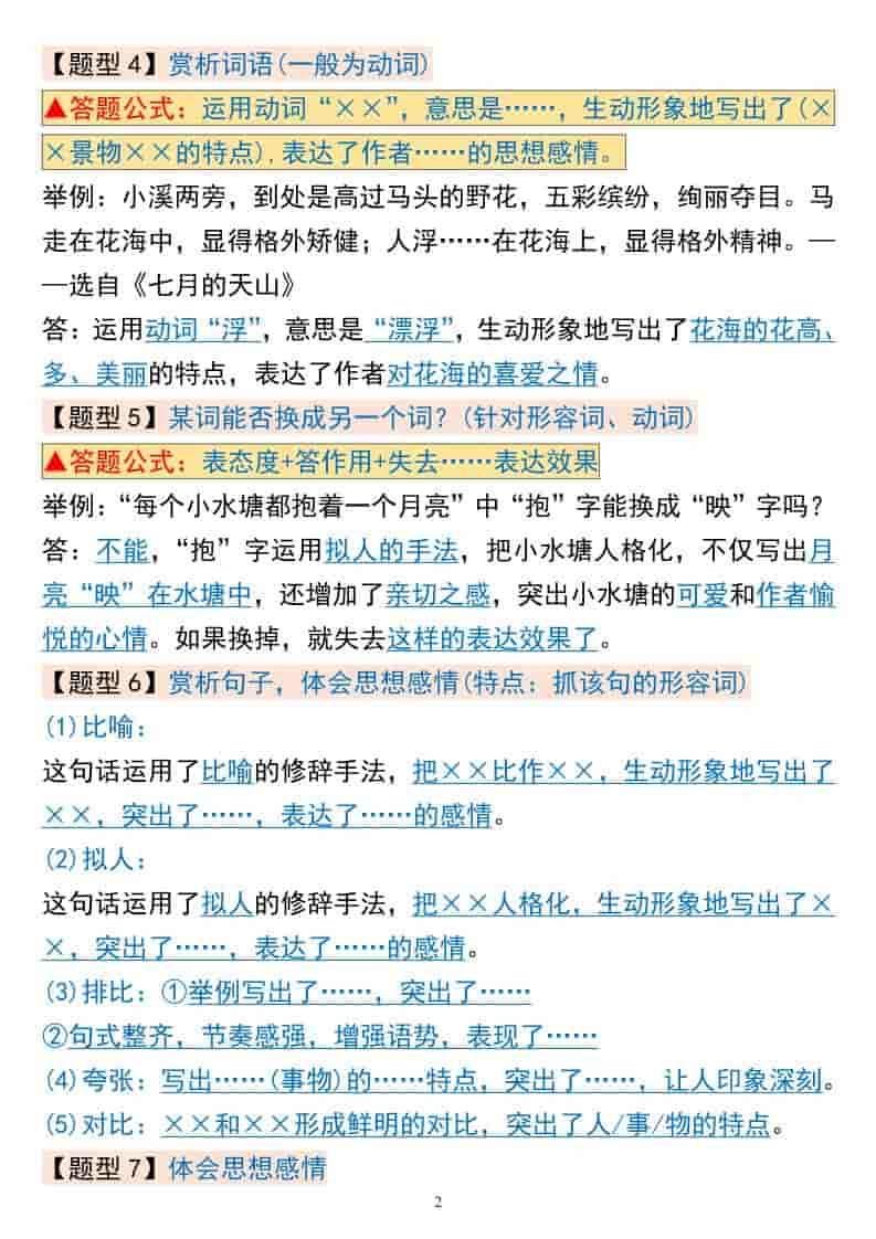 四年级下语文阅读理解常考题型+答题模板-shxbox省心宝盒