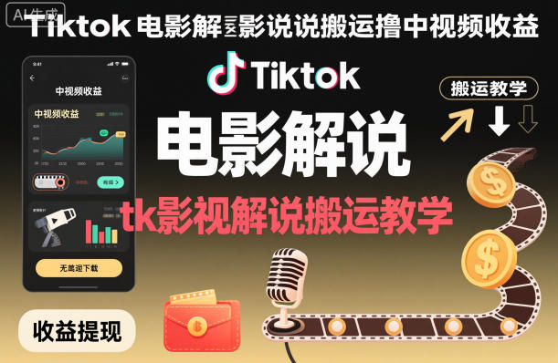 Tiktok电影解说搬运撸中视频收益，tk影视解说搬运教学-shxbox省心宝盒