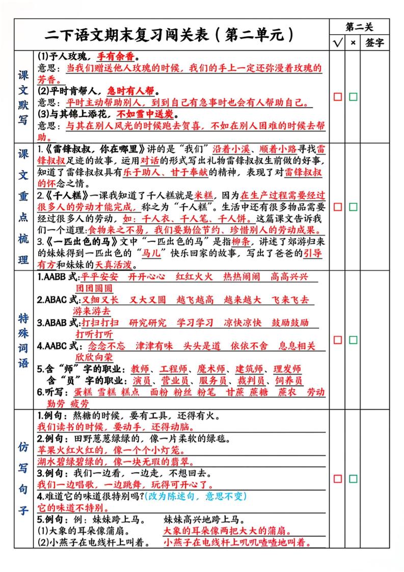 二下语文期末复习1-8单元闯关表（8页）-shxbox省心宝盒