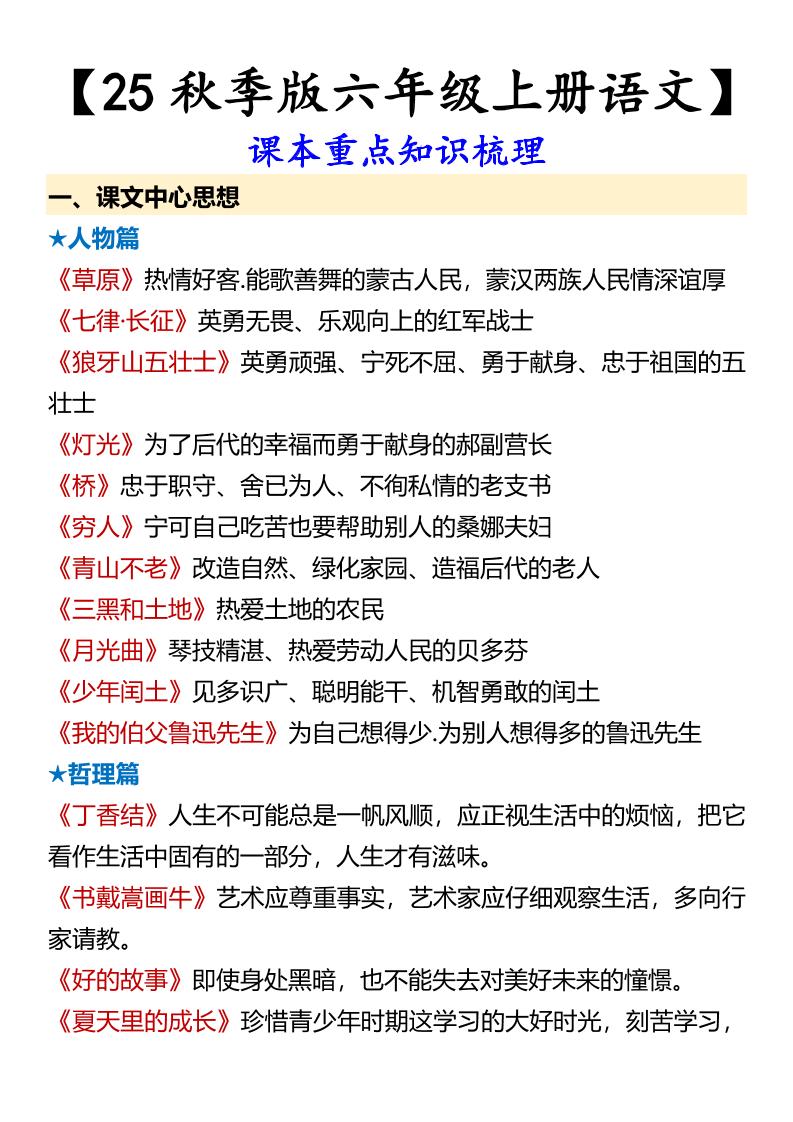 【2025秋新版】【六年级上册语文】课本重点知识梳理-shxbox省心宝盒
