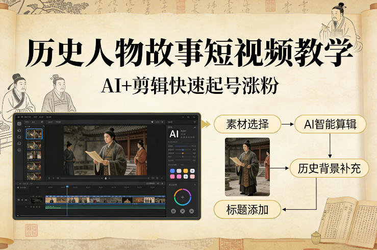 历史人物故事短视频教学，AI+剪辑制作历史人物题材短视频，快速起号涨粉-shxbox省心宝盒