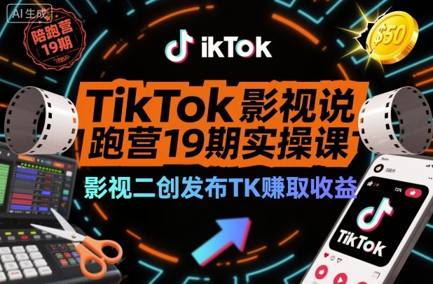 TikTok影视解说陪跑营19期实操课，影视二创发布TK賺取收益，万播收益50美金-shxbox省心宝盒
