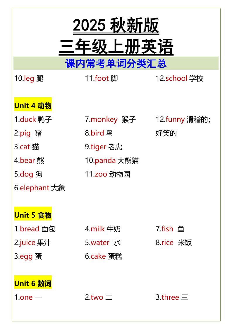 【2025秋新版】三年级上册英语课内常考单词分类汇总-shxbox省心宝盒