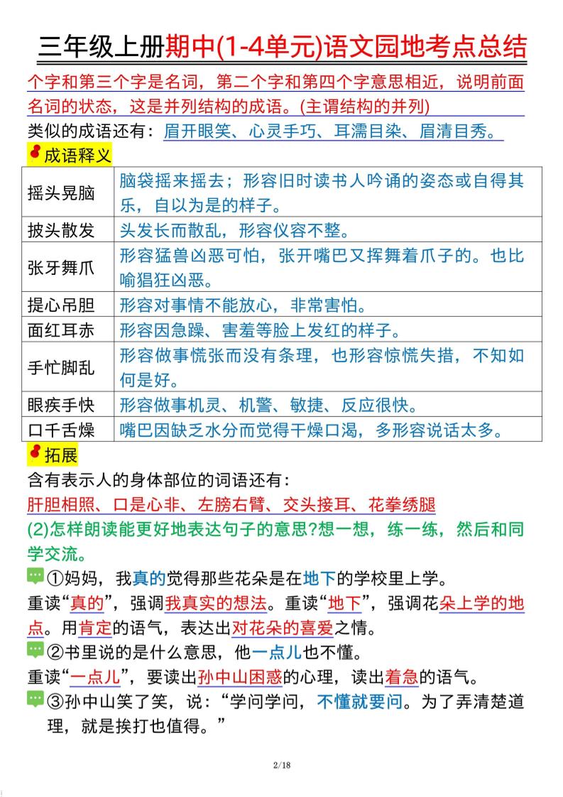 三年级上册期中(1-4单元)语文园地考点总结纯图版-shxbox省心宝盒